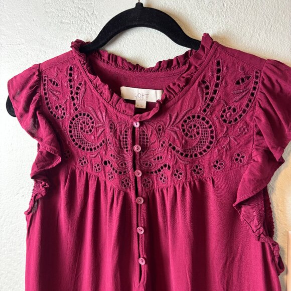 LOFT Sleeveless Burgundy Blouse with Embroidered Lace Yoke Size M - Picture 2 of 7